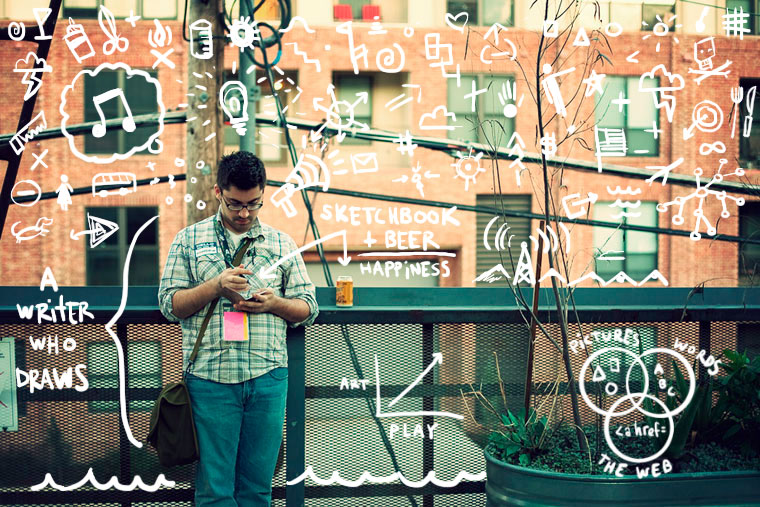 Photo of Austin Kleon sketching on the balcony of The Mohawk