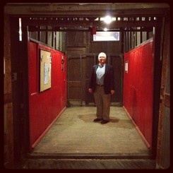 Dick Brown in his freight elevator, going up to his studio