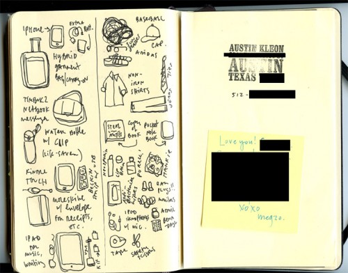 Tour sketchbook - packing notes